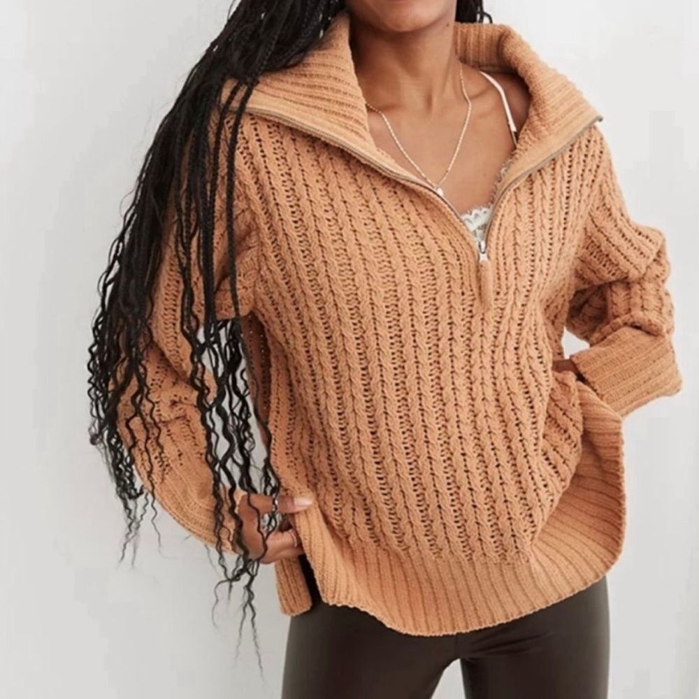 Aerie cable car quarter zip sweater tan